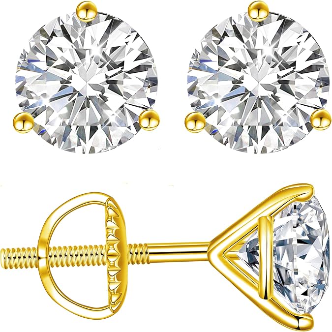 Impalsory Moissanite Screw Back Stud Earrings, 925 Sterling Silver, VVS1 | D color VVS1 round moissanite with secure screw backs in gold plated sterling silver; one pair