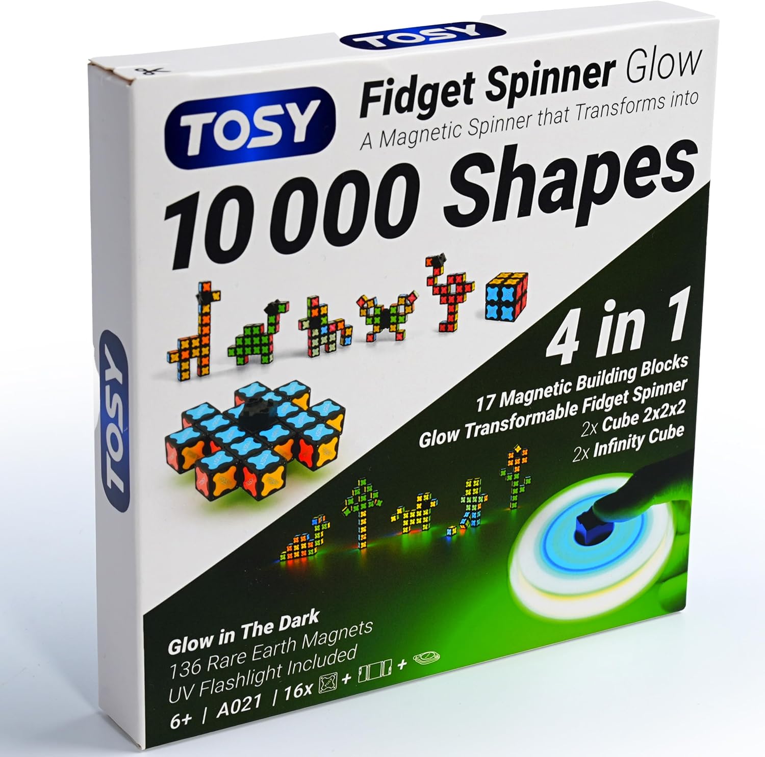 TOSY Magnet Fidget Spinner Glow - 16 blocks, 3 in 1 Toy: Transformable Fidget Spinner, Infinity Cube, 2x2 Puzzle Cube, Glow, Stress Relief, STEM Magnet Tiles Birthday Gift for KidsBoysGirlsAdults