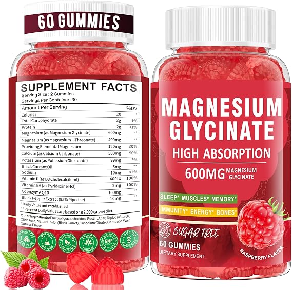 Magnesium glycinate Gummies 600mg,high Absorption Magnesium Supplement for Boys and Girls,Used for Sedation,Muscle Relaxation,Bone Health Support,Non GMO,60 Capsules,Raspberry Flavor