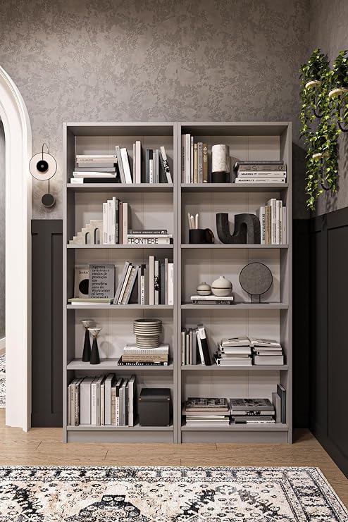 ASRA TREND Kül Gri K003 10 Raflı Geniş Kitaplık 112 cm Modern Kütüphane Dar Alan Uyumlu%100 MDFLAM Dekoratif Raf Ünitesi