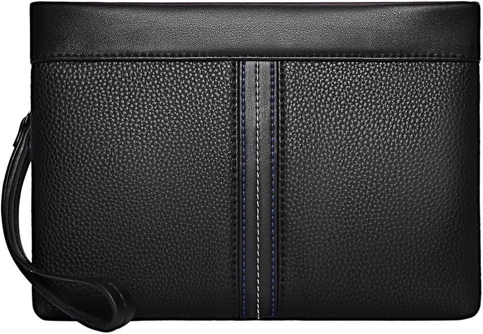 Eshow Men's Leather Clutch Bag Wristlet Bag Clutch Purse Handbags Synthetic Leather Bags with Wrist Strap Zip Closure 11.5 Inch for Business Travel Work