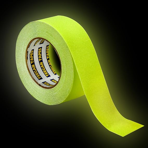 Glow in the Dark Anti Slip Tape 2 in x 30 ft, Clear Non-Slip Grip | Photoluminescent grip tape for indoor stairs and steps; glows green in darkness