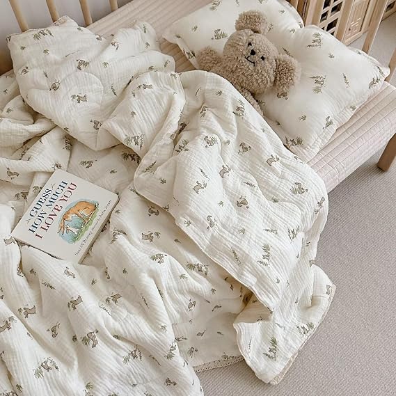 BuLuTu Kid Toddler Muslin Blanket for Daycare, Baby Girls Boys Nap Blankets for Toddler Twin Bed, Kids Comforter Bunny Print Quilted Blanket Baby Gifts, 60"x78", No Pillow