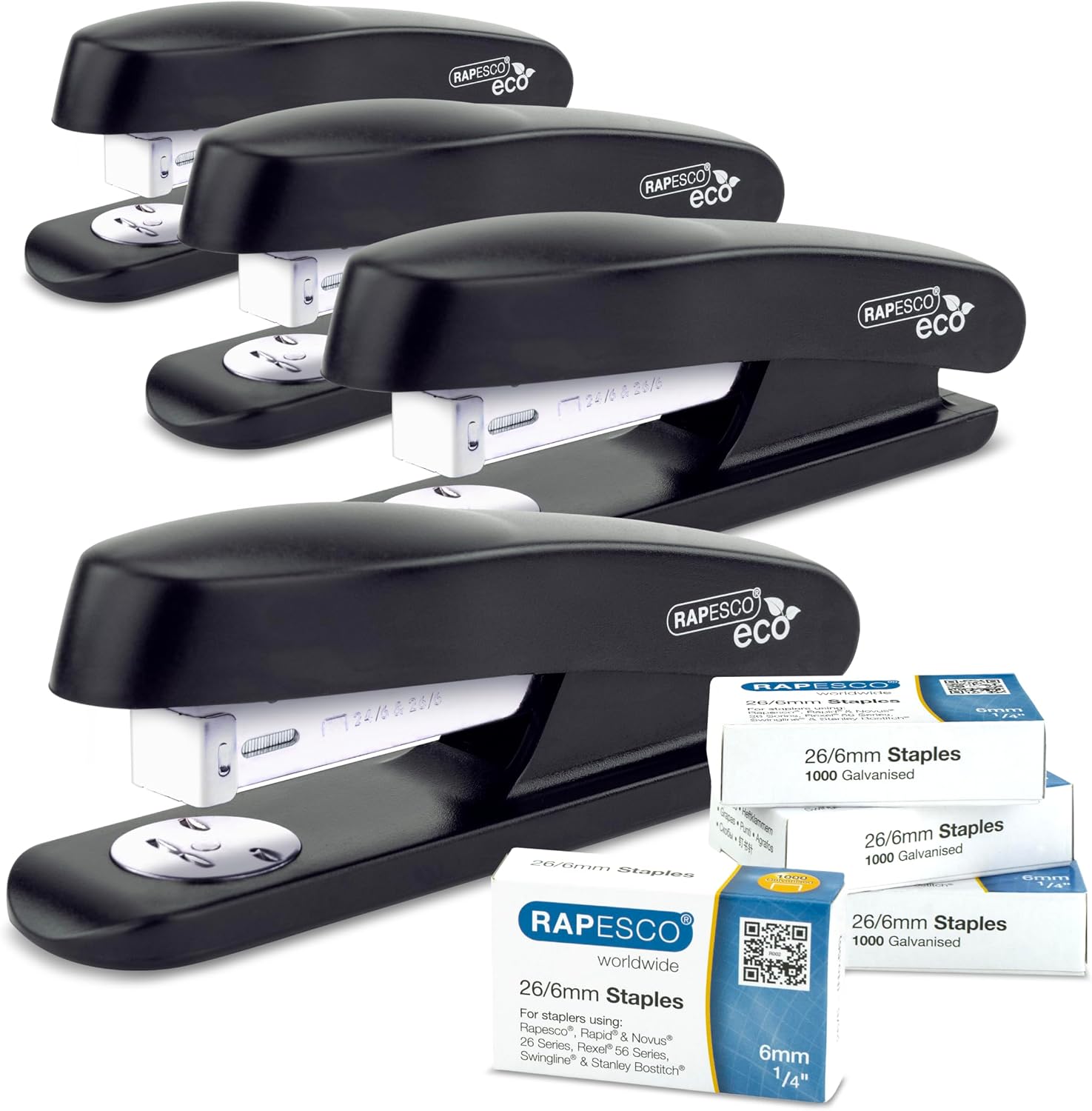 Rapesco 1756 Business Pack: 4 ECO Half Strip Staplers and 4 Boxes of 1000 266mm Staples, 20 Sheet Capacity, Black