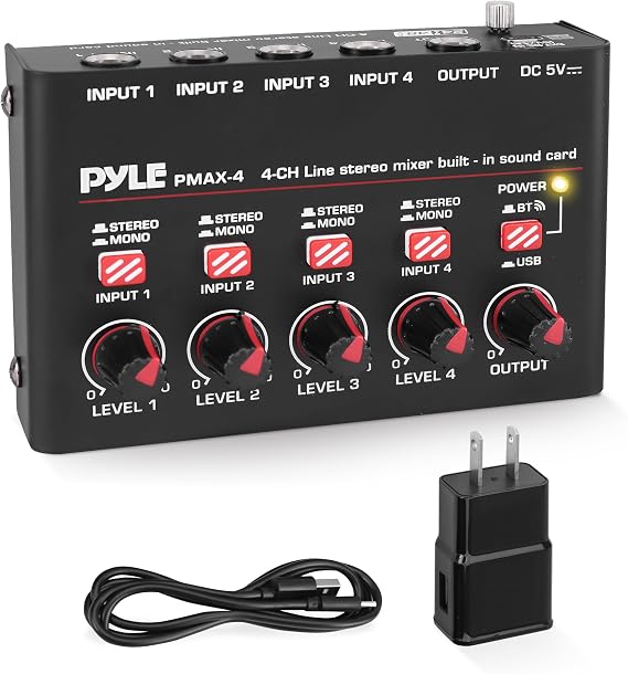 Pyle 4-Channel Bluetooth Mini Line Mixer with USB Audio Interface - 4 Mono/Stereo Switching Inputs | Ultra-low Noise Design with High Headroom | Built-in USB-C Sound Card - PMAX4