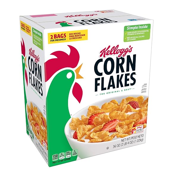 Kellogg's Corn Flakes Breakfast Cereal, 8 Vitamins and Minerals, Healthy Snacks, Original, 36oz Box (2 Bags)