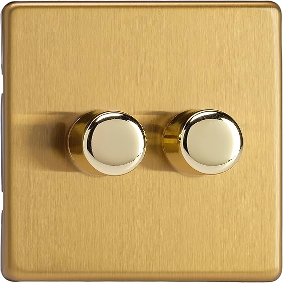 Varilight 2-Gang 2-Way V-Pro Push On/Off Rotary LED Dimmer 2 x 0-120W Brushed Brass