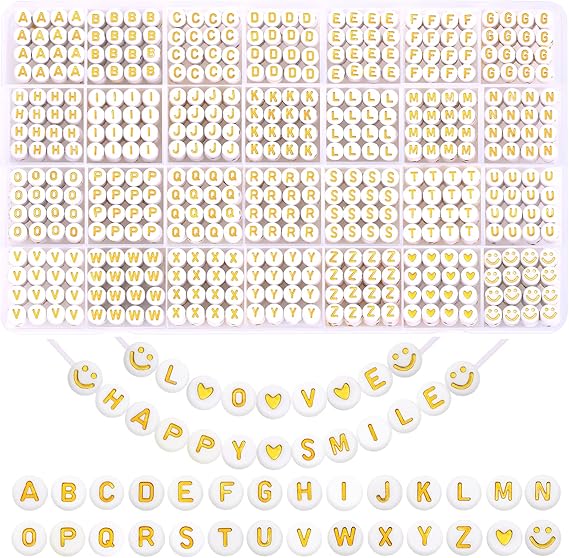 XIMISHOP 1400pcs Round Letter Beads for Jewelry Making, 28 Style Gold A-Z Alphabet Acrylic Beads Kits Heart Beads for Bracelets Making (4 * 7mm)