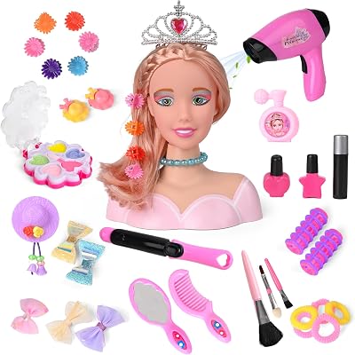 36PCS Doll Head Hair Styling Makeup Toy Set Kids Pretend Play Styling Set with Hairdryer Curling Iron Crown Accessories Beauty Stylist Kit Gifts for 3 4 5 6 Years Old