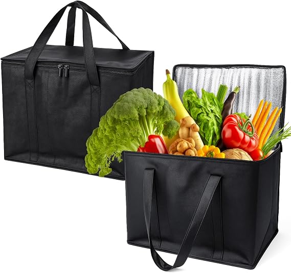 saerryor 2 Pack Insulated Reusable Grocery Shopping Bag, Large Cooler Bags for Food Delivery Heavy Duty Collapsible Cool Bag with Durable Handles & Dual Tab Zips for Picnic, Camping 