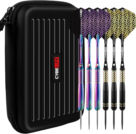 CyeeLife Professional Brass Steel Dart Set with Black Dart Case - 20g Steel Tip Darts with 6 Aluminium Shafts 12 Flights 20 Anti-Loose Rubber Rings 2 Dart Guards Whetstone & Tool