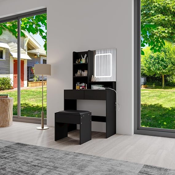Dressing Table with Charging Station, Vanity Table with Adjustable Brightness Mirror, Makeup Desk with 2 Drawers and Open Shelves, Wooden Modern Bedroom Dresser, 80x40x138cm, Black-01