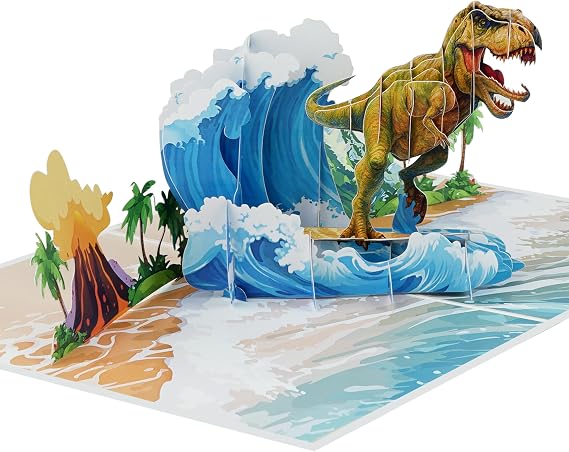 iGifts And Cards Surfing Dinosaur 3D Pop-Up Card Roaring Success 6"x8"