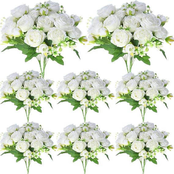Geosar 8 Bundles Artificial Peonies Flowers,White