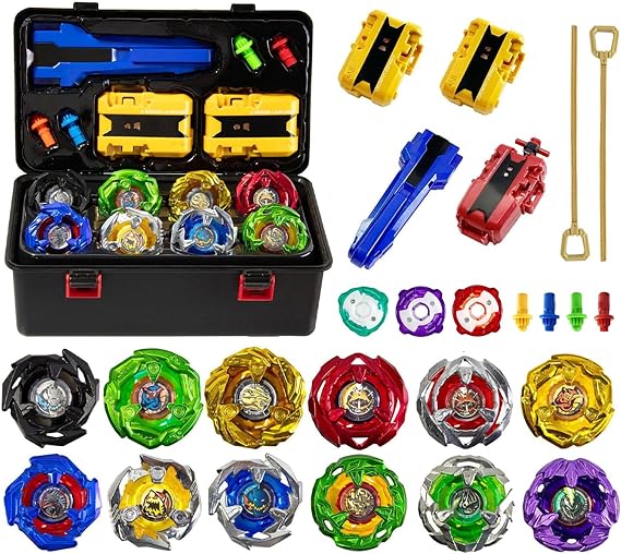 Gyro Battling Set, 12 Spinning Tops, 3 Launchers 1 Grip 3 Middle Rings and 4 Bases, with Storage Box, Kids Toys Birthday Gift Ideal for 6+ Years Old Boys,A