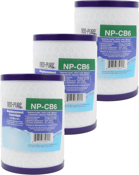 Compatible CB6 Replacement Cartridge by Neo-Pure (3-Pack) | High-Efficiency Filtration for Clean Water | Compatible with CB6 Systems for Improved Taste and Quality