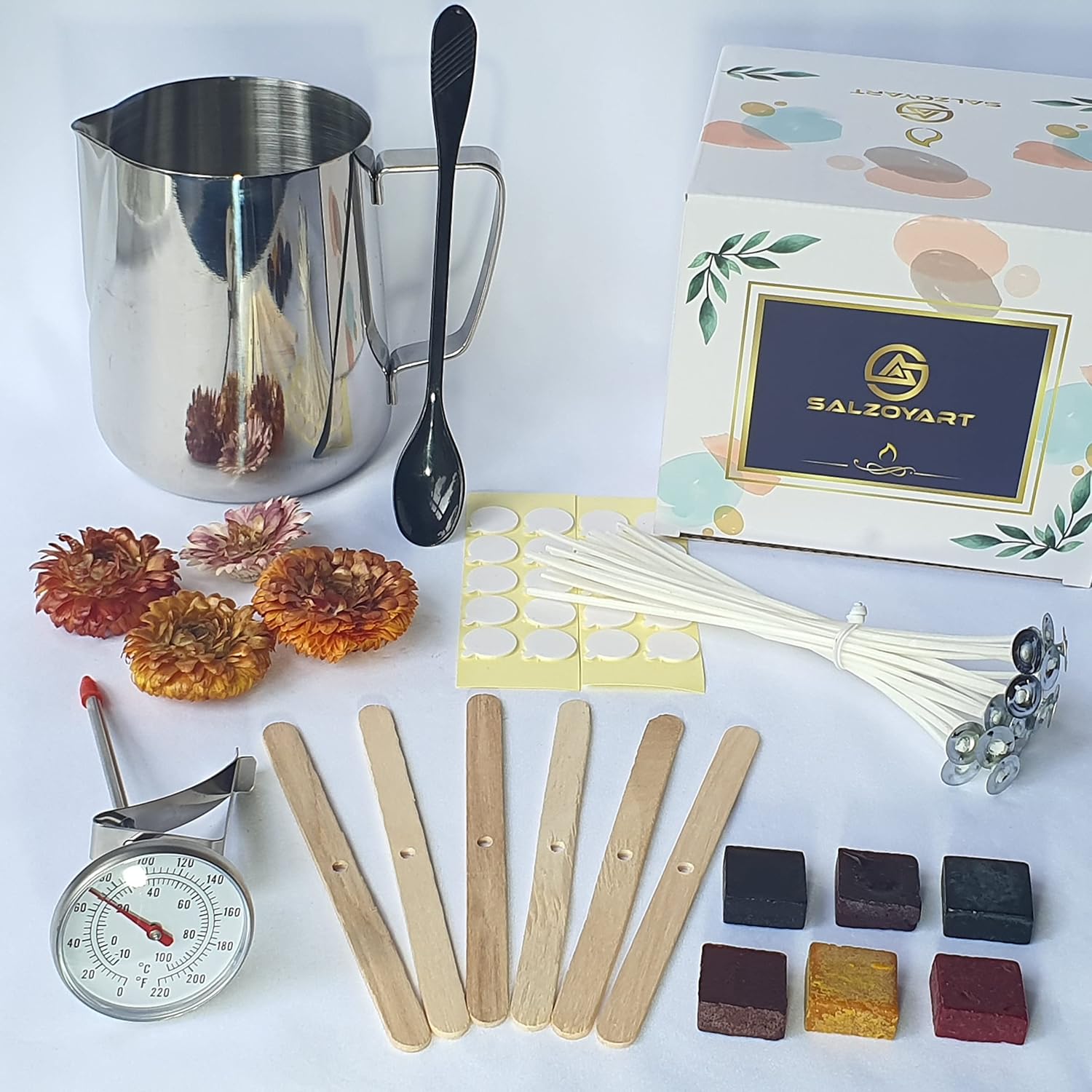 SALZOYART Candle Making Kit for Adults | Soy Candle Making Kit | Candle Making Kits UK | Candle Making Starter Kit with Thermometer Melting Pot Wicks dye for Candle Making Starter Kit