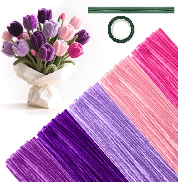 500 Pcs Pipe Cleaners for Crafting - 5 Color Chenille Stems Fuzzy Sticks, Kids DIY Arts & Crafts Supplies, with Bonus Flower Stems & Gardening Tape