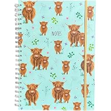 Shineone Watercolour Floral & Highland Cow Spiral Bound Notebook with Elastic Band Closure, A4 Size, 200 Pages, 80 GSM Premium Paper Hardback Cover (Highland Cow)
