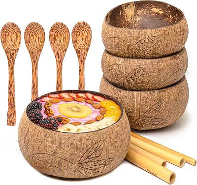 Rainforest Bowls Set of 4 Jumbo Vines Coconut Bowls, 4 Wooden Spoons & 4 Reusable Bamboo Straws - 100% Natural, Hand Carved by Artisans, Eco-Friendly & Sustainable - SmoothieAcaiSalad Bowls