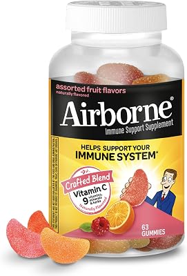 Vitamin C 750mg per Serving - Airborne Assorted Fruit Flavored Gummies 63 Count in a Bottle, Gluten-Free Immune Support Supplement with Vitamins A C E, Selenium, Echinacea & Ginger