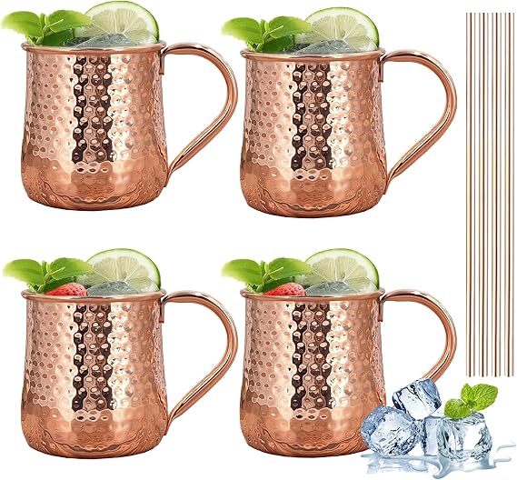 TJ Moscow Mule Mugs Set of 4, 17 oz Hammered Copper Cups