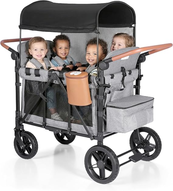 Foldable 4-Seater Wagon Stroller for Kids, All-Terrain Wagon with Snack Tray, High Seats, 5-Point Harness, Adjustable Handle, Canopy, Parent Organizer & Insulated Snack Pack(Grey)