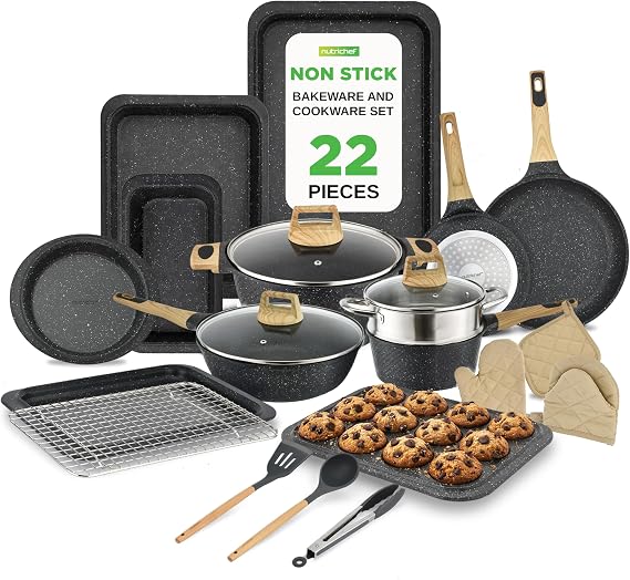 NutriChef Non Stick Pots and Pans Set with Coating 22-Piece, Cooking Set Includes Pan Sets, Pot Set, Kitchen Cookware, Bakeware, Heat-Resistant Tools, 20 cm–30 cm, Black