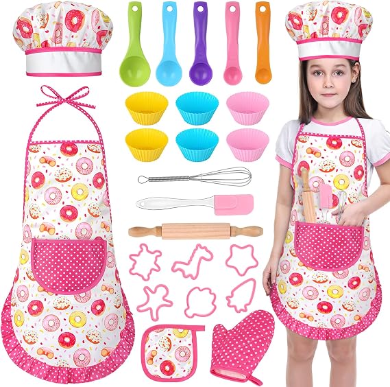 GIFTINBOX Kids Cooking and Baking Chef Set, 25PCS with Kids Apron,Chef Hat & Utensils ids Cooking Set, Dress Up and Pretend Play Kitchen Toys, Birthday Toys for 3 4 5 6 7 8 Year Old Girls