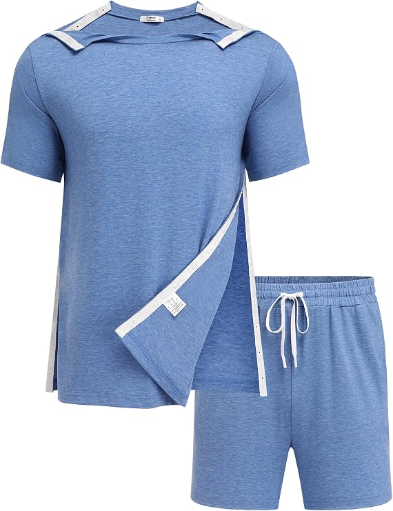Deyeek 2Pcs Unisex Post Shoulder Surgery Shirts & Shorts Tear Away Shirts for Rotator Cuff Surgery Chemo Port Access Clothes