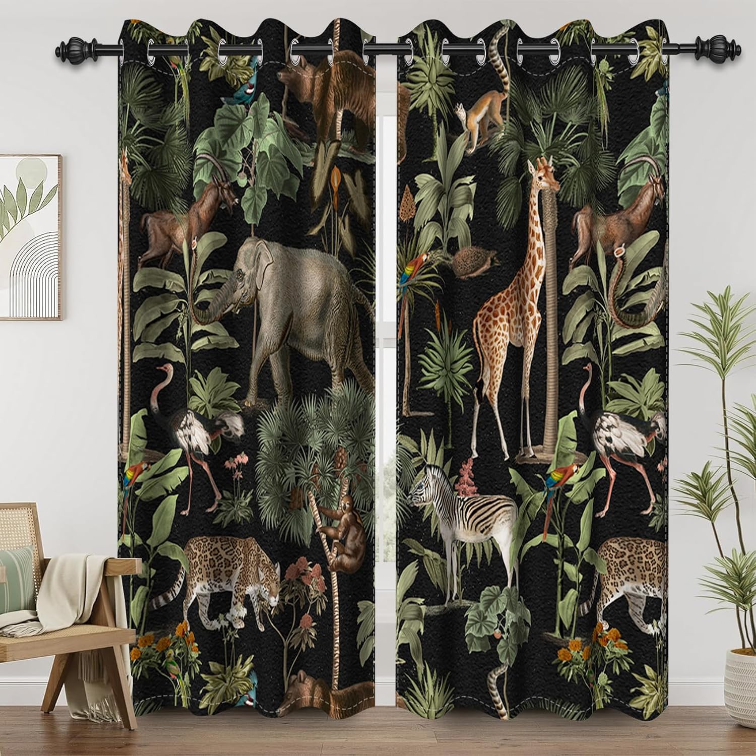 Renaiss Tropical Animals Blackout Curtains for Bedroom Jungle Forest Safari Wildlife Animal World Curtain Elephant Giraffe Thermal Insulated Window Drapes for Room Decor 2 Panels Set, 42x63 Inch