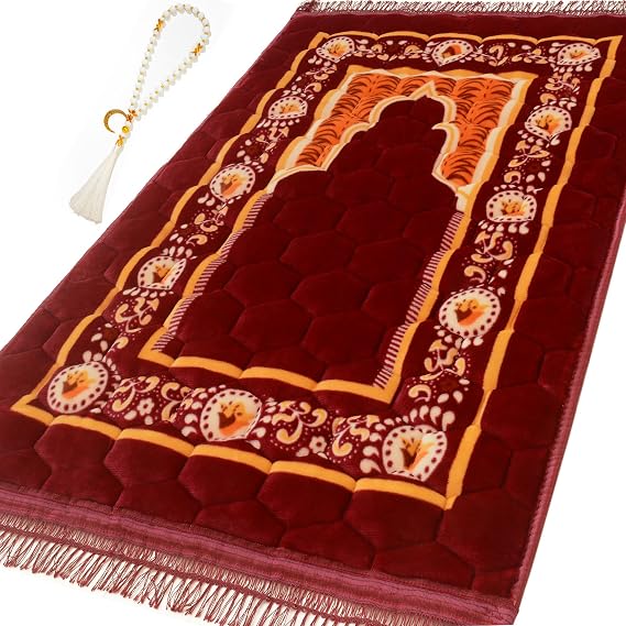 Prayer Rug Muslim Mat Islamic - Padded Very Thick Prayer Rug Sajadah for Men Women with Islam Prayer Beads, Soft and Luxury (31.5" x 47.2") (Red)