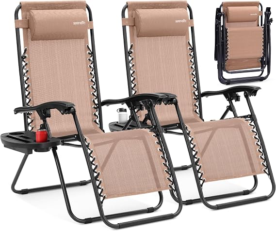 SereneLife Zero Gravity Chairs Set of 2 - Adjustable Steel Mesh Lawn Chairs - Outdoor Lounge Chairs with Detachable Cup Holder Tray - Foldable Outdoor Chair with Removable Pillows - Cream