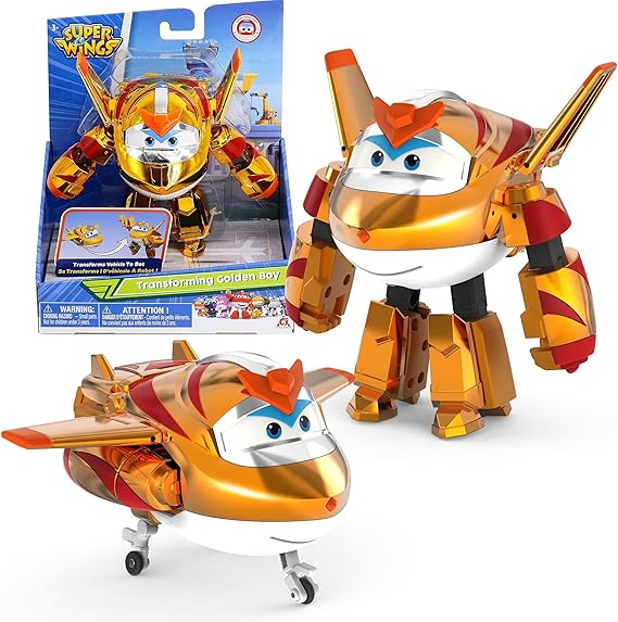 Super Wings Transforming Golden Boy 5 Inch Transformable Toy Plane and Robot Figure for 3+ Years Old Boys Girls Golden Gold