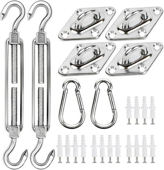 YOFIT 40 Pcs Shade Sail Hardware Kit, 5 Inch Outdoor Sun Sail Accessories, 304 Stainless Steel Turnbuckles & Brackets for Triangle/Rectangle Sails, Patio Canopy Installation Hardware Set Waterproof