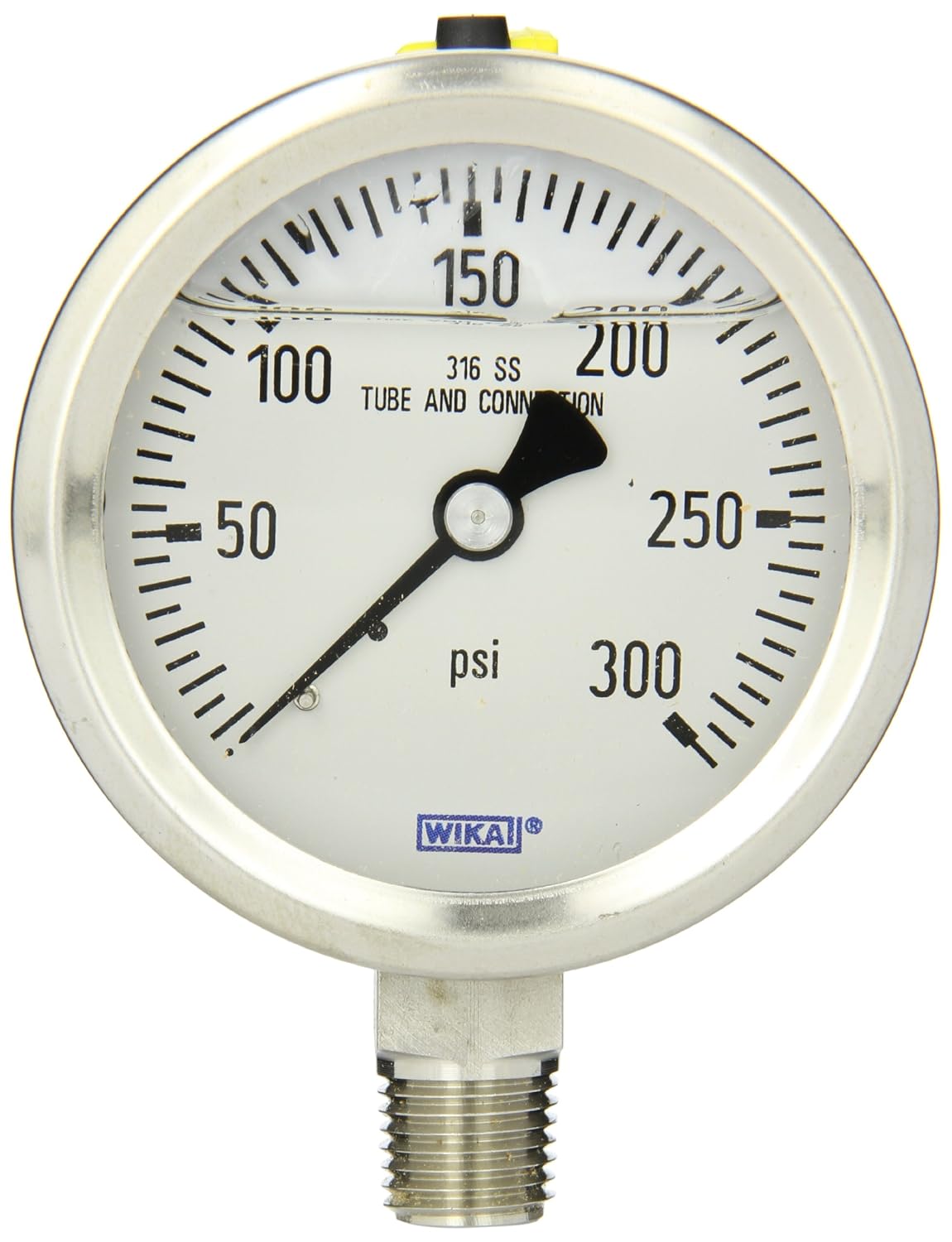 WIKA 9833549 Industrial Pressure Gauge, Refillable, Stainless Steel 316L Wetted Parts, 2-1/2" Dial, 0-300 psi Range, +/- 2/1/2% Accuracy, 1/4" Male NPT Connection, Bottom Mount
