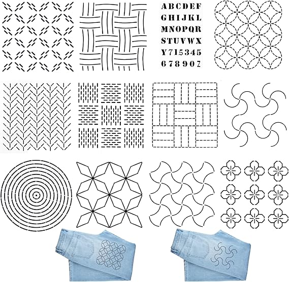 12 Pcs Quilting Stencils Sashiko Stencil 4.7 * 4.7 Inch Sashiko Patterns Stencils Drawing Line Sashiko Template Pattern for Sewing Hand Quilting and Embroidery (12)