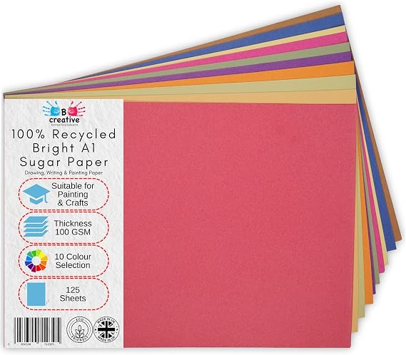 Be Creative A1 Recycled Sugar Paper 84.1 x 59.4 cm 100gsm – 125 Sheets in 10 Assorted Bright Colours for Arts, Crafts, Drawing & Scrapbooking