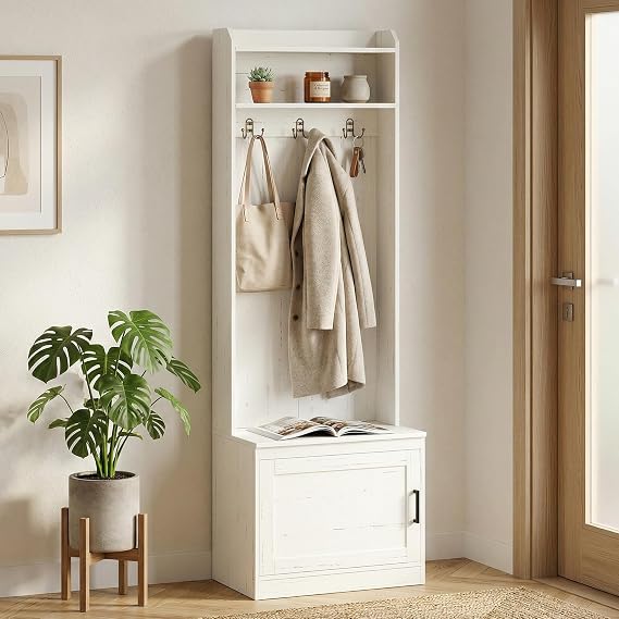 HOMCOM Narrow Hall Tree with Shoe Storage Bench Rustic White Wood Grain | Entryway Bench with Coat Rack, Accent Coat Tree with Storage Shelves, for Hallway, Mudroom