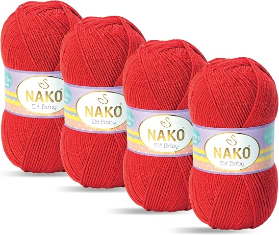 Nako Elit Baby,Baby Knitting Yarn,(4Pack),Anti-Pilling (Low-Pilling)Featured,Each Skein/Ball 100 g (3.5 oz) (Flame RED 207)