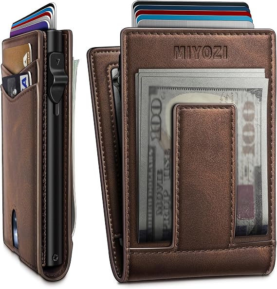 miyozi Wallet for Men, Pop Up Card Holder with RFID Blocking, Minimalist Slim Bifold Wallet with 9 Card Slots, 2 ID Window and Magnetic Money Clip, Metal Flip Case with Magnetic Closure, Gift Box