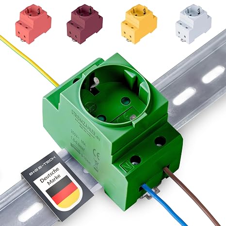 B+G E-Tech GS16 Schuko Socket for DIN Rail 16A 230V 2P+E - Built-in Socket for Distribution Installation Control Cabinet Meter Cabinet Protective Contact Socket for 35 mm DIN Carrier Rail Mounting (Green)