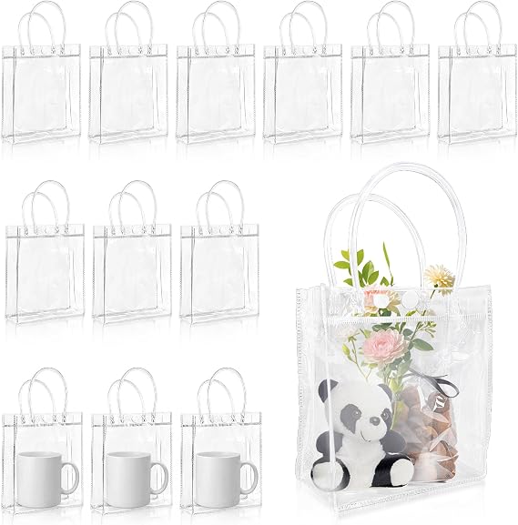 Woosuke MINI SIZE 5.1"x5.9" Clear Gift Bags with Handles, 12 Pcs Small Plastic Clear Party Favor Swag Bag for Wedding, Birthday, Baby Shower, Business, Reusable Transparent Goodie Bags