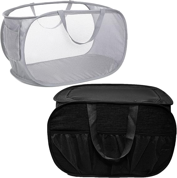 Mesh Collapsible Laundry Basket + Laundry Basket with Zippered Lid, Grey+Black