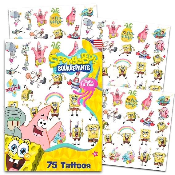 75 Pcs Spongebob Temporary Tattoos for Toddlers Bundle | Colorful Spongebob Squarepants Tattoos for Birthday Party Favors, Cute Cartoon Gifts, Kids Class Prizes, Carnival Rewards