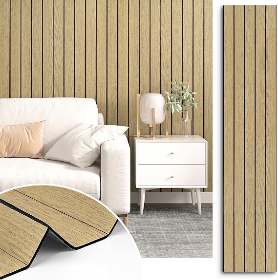 Wood Panels for Walls 3D Textured Faux Wood Acoustic Wall Panels | Self Adhesive Soundproof Peel and Stick Wooden Slats Panelling Wallpaper for Bedroom Living Room Studio 11.8"x118" Neutral
