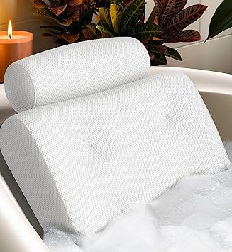 Everlasting Comfort Luxury Bath Pillows for Tub with Head and Neck Support - Non-Slip Bathtub Pillow with Suction Cups, Quick-Drying Mesh & Drying Hook - Jacuzzi & Spa Accessories for Women - White