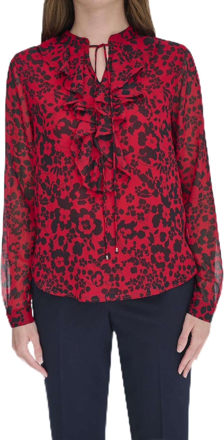 Tommy Hilfiger womens Long Sleeve Ruffle V-neck Blouse