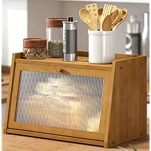 kiplant Bread Box for Kitchen Counter, Large Bamboo Bread Storage Container with Wavy Arcylic Door, Bamboo Wooden Farmhouse Bread Box for Your House (Brown, Medium)