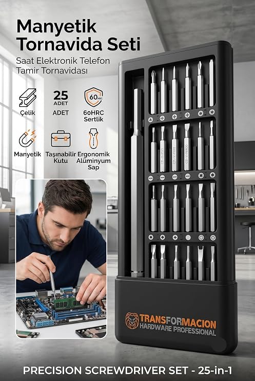 Transformacion 25 in 1 Profesyonel Manyetik Hassas Tornavida Seti, Telefon, PC, Saat, Gözlük Tamir Kiti, Çelik Uçlu 721248